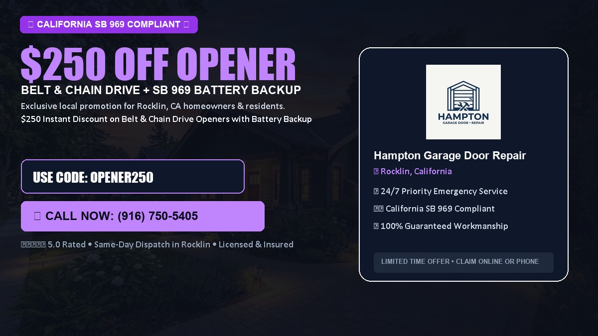 $250 OFF Smart Garage Door Opener Installation (Belt & Chain Drive with California SB 969 Battery Backup) in Rocklin, CA